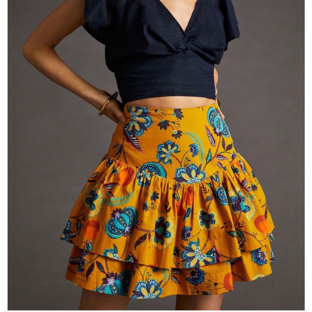 Anthropologie Maeve Yellow Floral Tiered Ruffle Skirt